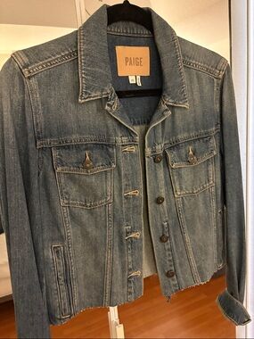 PAIGE Distressed Medium Blue Denim Trucker Jacket